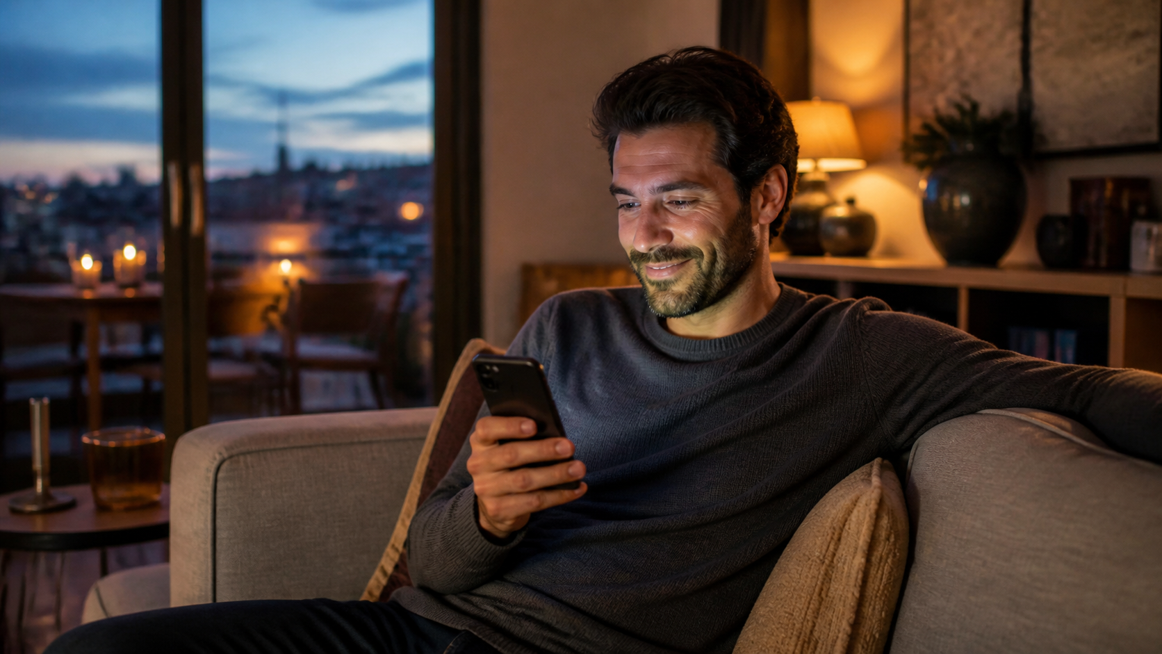Célibataire souriant naturellement en discutant sur son smartphone dans un intérieur chaleureux en début de soirée